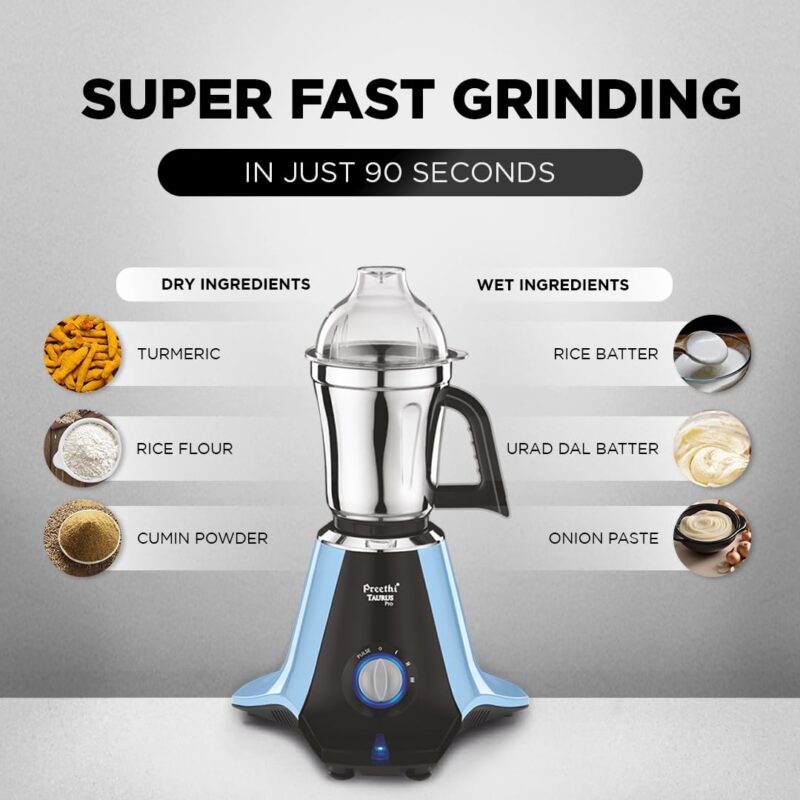 Preethi Taurus Pro Mixer Grinder for Kitchen, 3 Jars 1000 Watt Mixie, Dry and Wet Grinder Jar, 2 Year Warranty, Blue-Black, (Mg-259) - Image 6