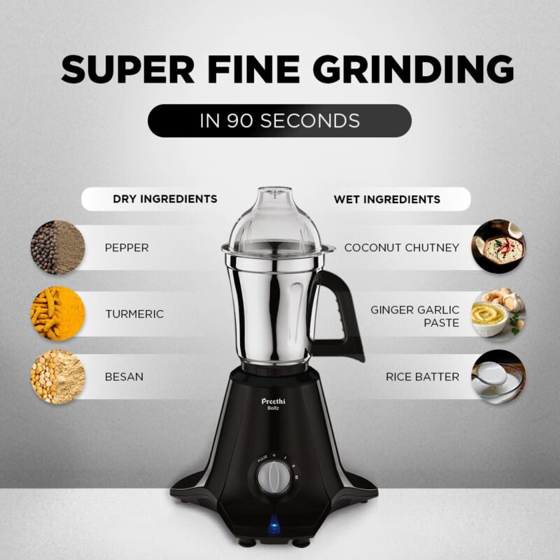 Preethi Boltz Mixer Grinder for Kitchen | 4 Jars 1000 Watts Mixie| 3 Stainless Steel Jar & 1 Blender Jar for Milkshake,Smoothie,Puree - Black (MG-288) - Image 6