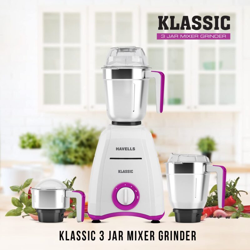 Havells Klassic 750 watts 3 Jar Mixer Grinder with 304 SS Blades, Large Size SS Jars, Break Resistant Polycarbonate Transparent Jar Lids With Twist & Lock Mechanism - Image 3