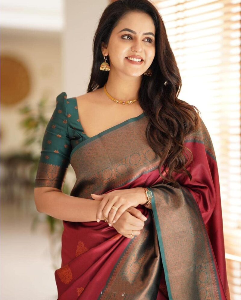 SGF11 Women's Kanjivaram Soft Lichi Silk Saree With Blouse Piece (Maroon) - Image 4