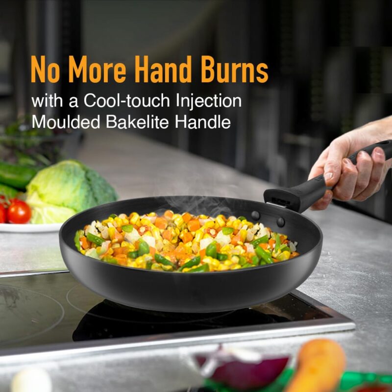KENT Hard Anodised Frying Pan 24 Cm|1.8L|Non Reactive, Non Toxic, & Non Staining Food Grade Surface|3.25Mm Thick Base for Uniform Heating|Cool Touch Bakelite Handle|Induction Friendly, Black - Image 7