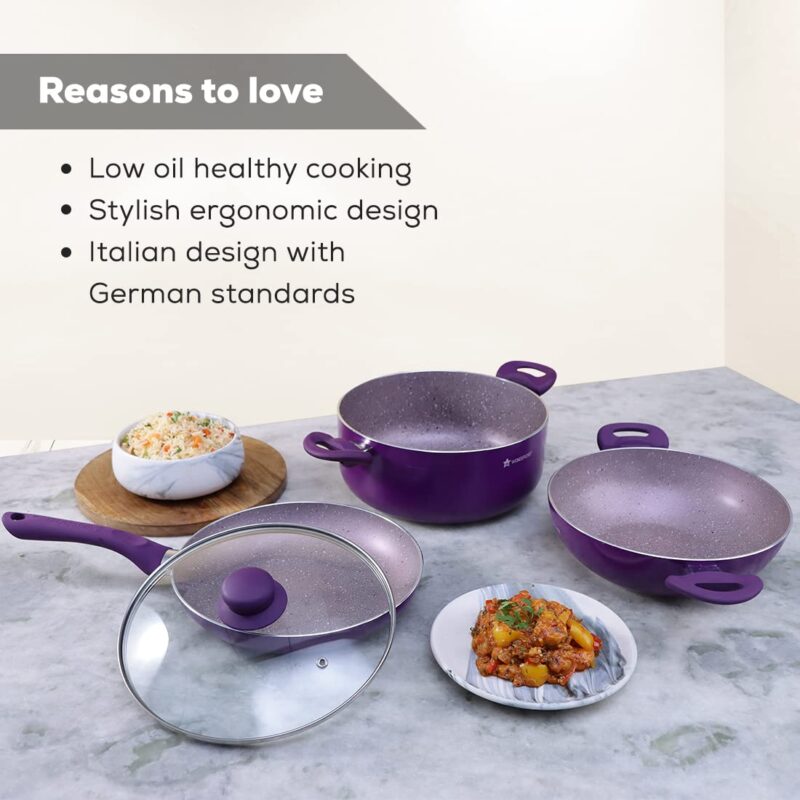 Galaxy Festival 4pcs Cookware Set | Casserole with Lid, Fry Pan, Kadhai | Induction Friendly | Cool Touch Bakelite Handles | Pure Grade Aluminium| PFOA Free| 2 Years Warranty | Purple - Image 5