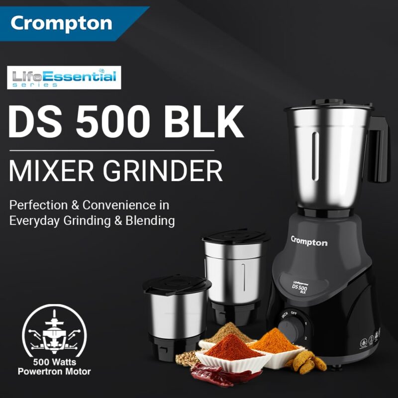 Crompton DS 500 BLK 500-Watt Mixer Grinder with Powertron Motor & Motor Vent-X Technology (3 Stainless Steel Jars, Black & Grey) - Image 7
