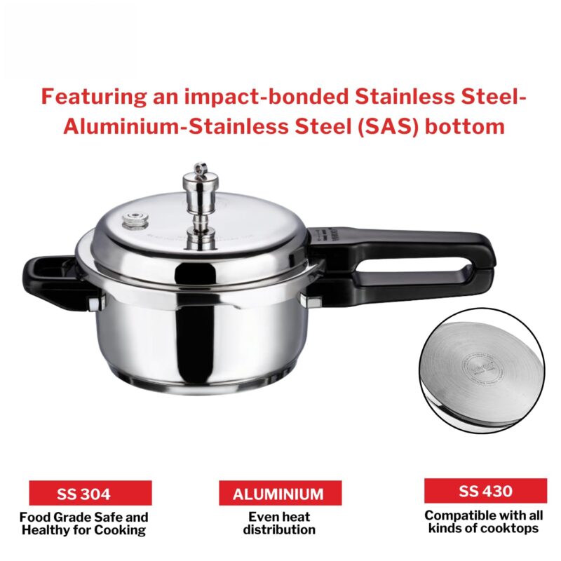 Vinod 18/8 Stainless Steel Pressure Cooker Outer Lid 3 Litre | Unique Sandwich Bottom Cooker | Induction and Gas Base | ISI and CE certified | 2 Years Warranty - Image 5