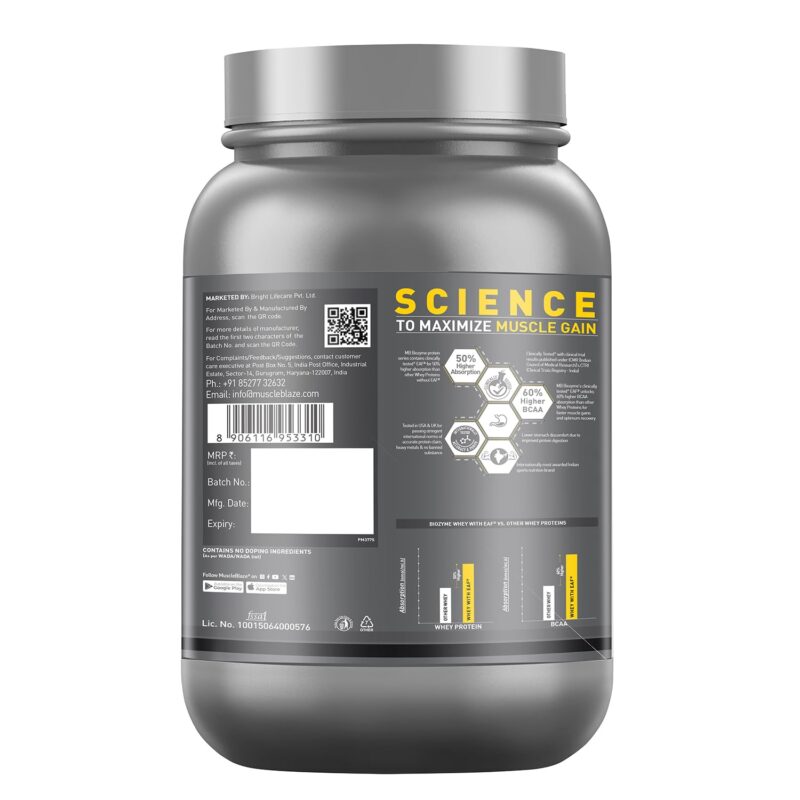 MuscleBlaze Biozyme Performance Whey Protein (Rich Chocolate, 1 kg / 2.2 lb) | Clinically Tested 50% Higher Protein Absorption | Informed Choice UK, Labdoor USA Certified & US Patent Filed EAF® - Image 7