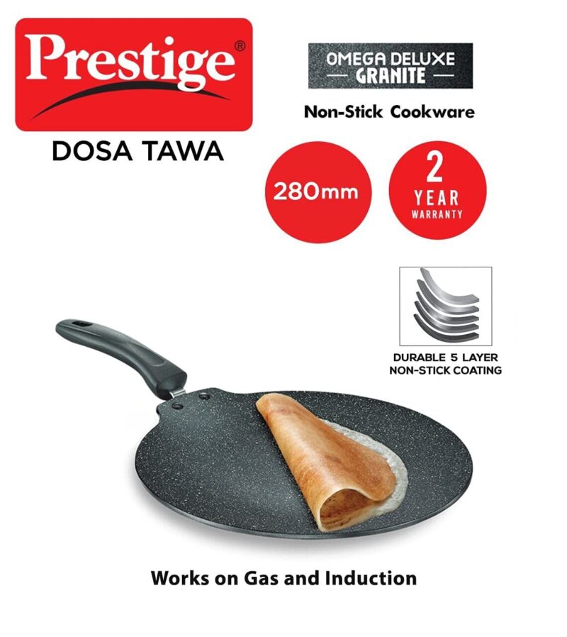 Prestige Omega Deluxe Granite Flat Dosa Tawa | Black | 28 cm |Non-Stick | Induction Base | Dishwasher Safe | PFOA Free | Metal Spoon Friendly - Image 5
