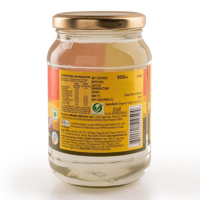 Organic India Virgin Coconut Oil, 500ml, Lab Tested on 600+ Parameters, Certified Organic, Extracted from Organically Grown Coconut Milk, Cold Pressed, Authentic Flavour, Multipurpose Oil - Image 2