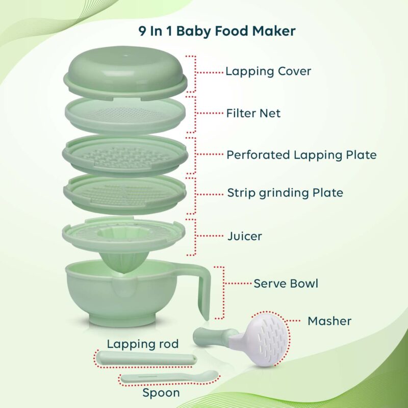LuvLap 9 in 1 Baby Food Masher Mill, Food Grinder Cum Processor, with Multifunction Textured Mashing & Filtering Plates, with Serving Bowl (Light Green) - Image 5
