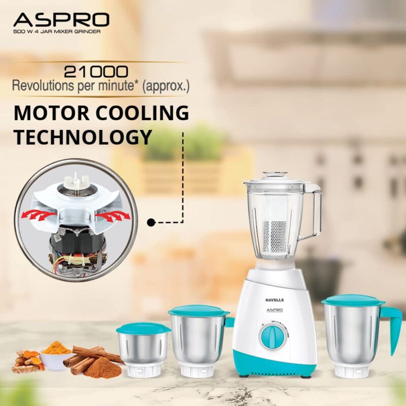 Havells Aspro 4 Jar 500 watt Mixer Grinder with 1.75Ltr Polycarbonate Jar with Fruit Filter, 21000 RPM, Overload Protector, 2 Yr Product & 5 Yr Motor Warranty (White and Light Blue) - Image 9