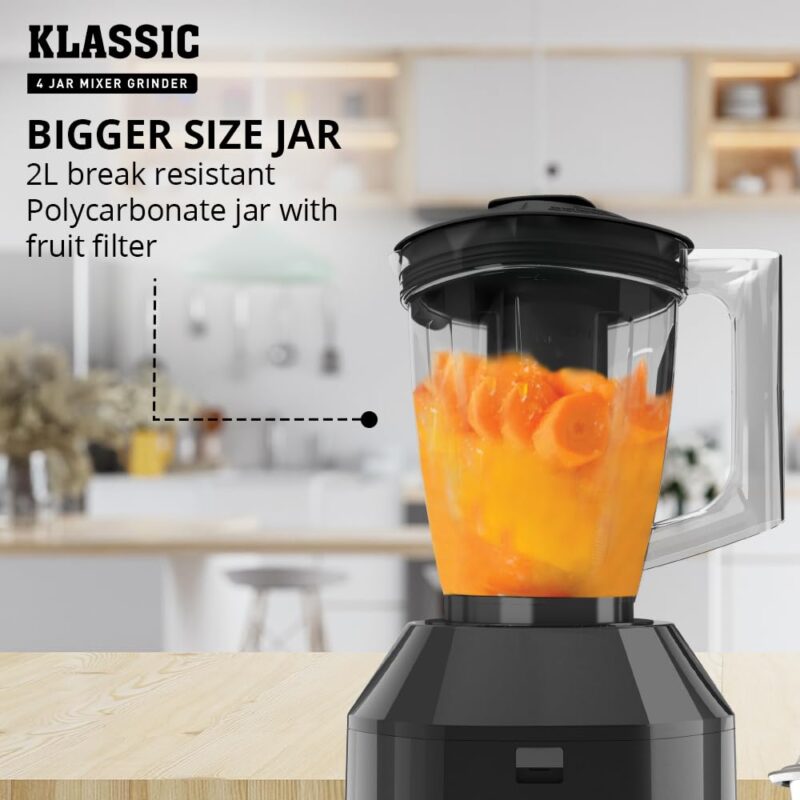 Havells Klassic 1000 watts 4 Jar Mixer Grinder I 2.5 Kg Double Ball Bearing Copper Motor I 22000 RPM I 100 Minutes Run Time I Metal Teeth Coupler & Jar Base I Polycarbonate Jar, Lids with Lock (Grey) - Image 7