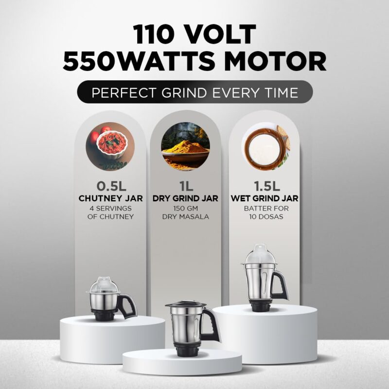 Preethi Steele 110V Mixer Grinder for Kitchen | 3 Jar, 550W Mixie| Perfect for Grinding | Silver/Black (MG 206) - Image 5