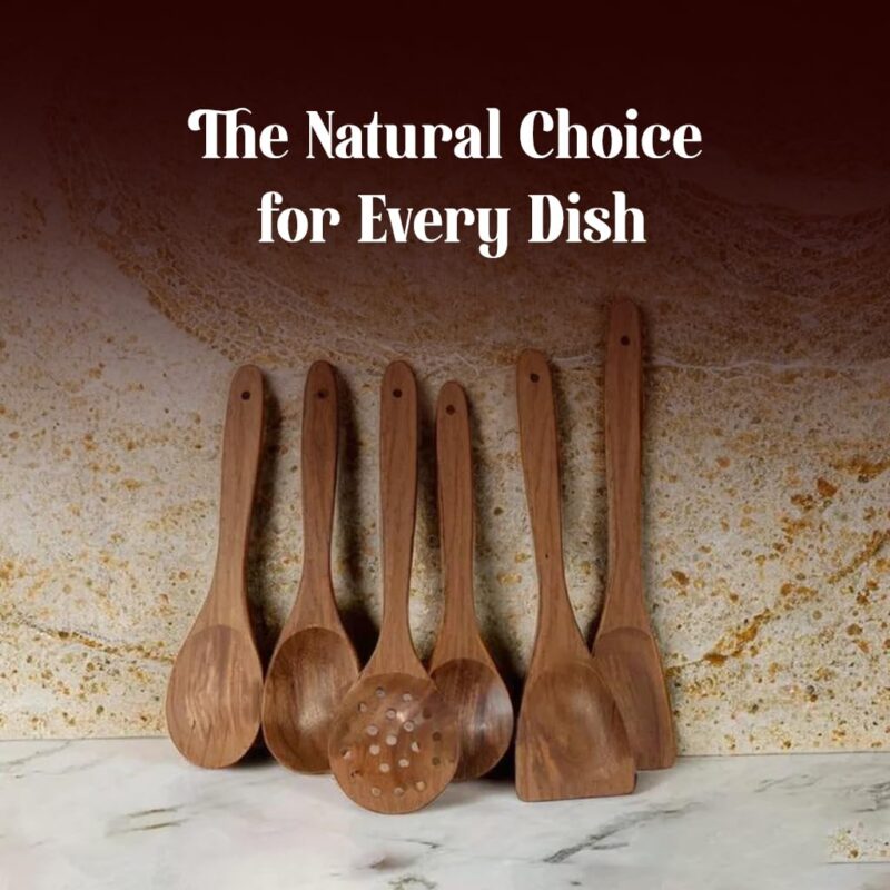 Uttam Essentials Wooden Cooking Utensil Set Non-Stick Pan Kitchen Tool Wooden Cooking Spoons and Spatulas Wooden Spoons for Cooking Salad Fork Cooking Spoon (Set of 6) - Image 2