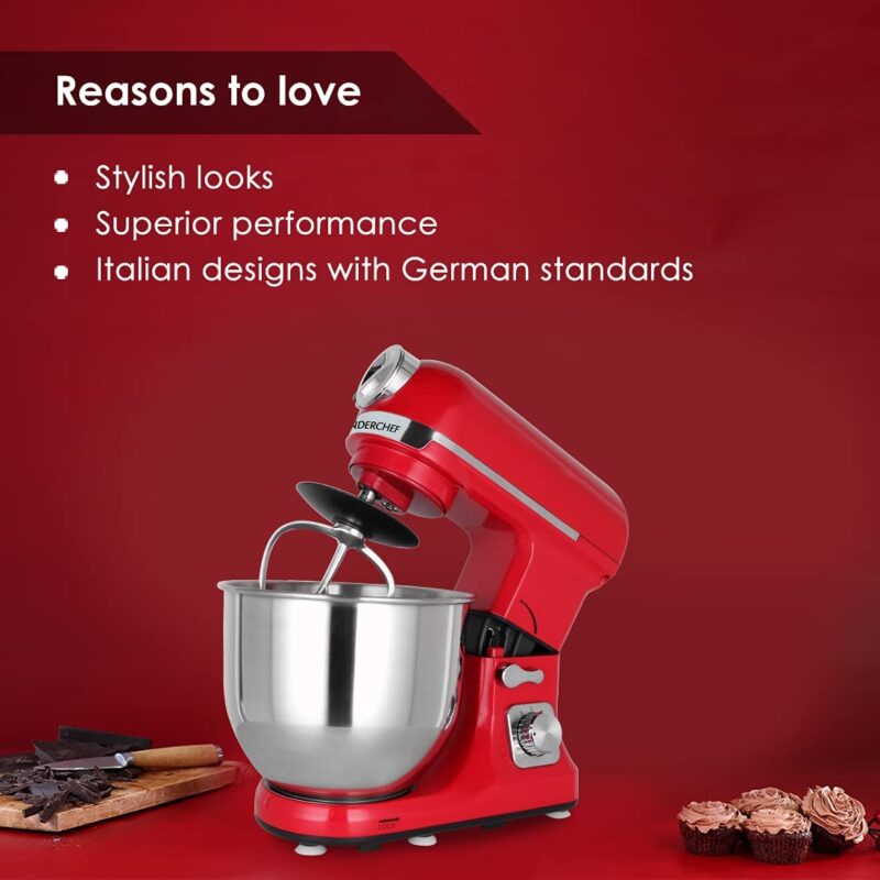 Crimson Edge Die-Cast Metal Stand Kitchen Mixer & Beater with free attachments | 5.7L SS Bowl | 1000W motor | 6 Speed Setting | Whisking Cone, Mixing Beater & Dough Hook attachments | 3 Yrs warranty | Red - Image 5