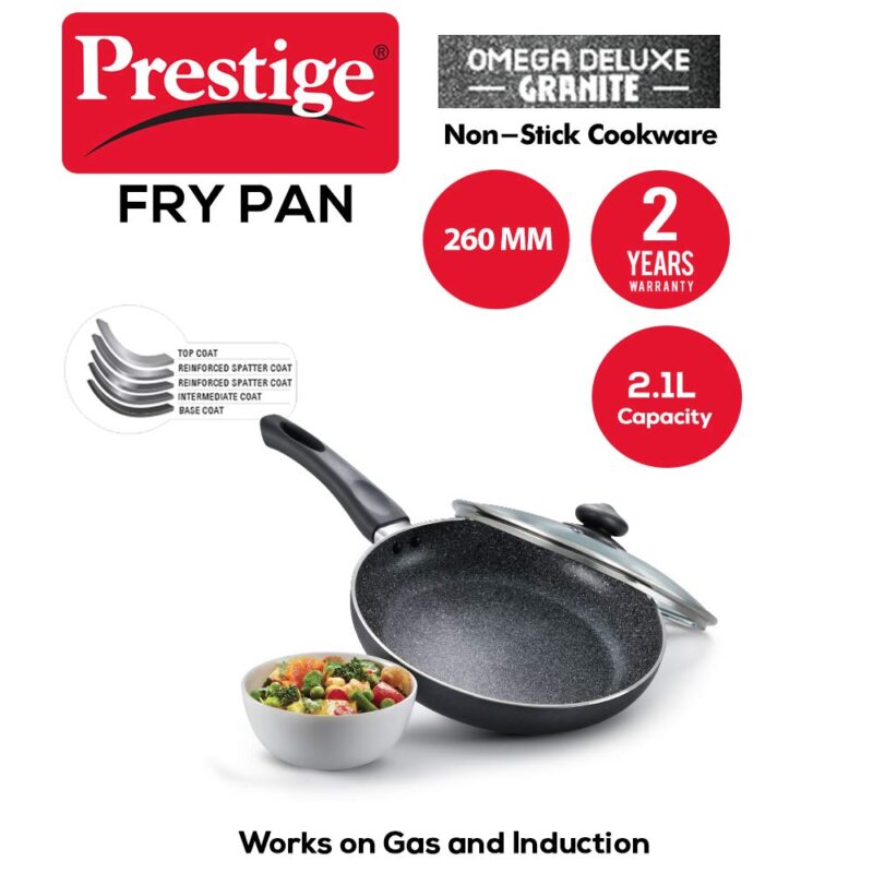 Prestige Non-Stick Omega Deluxe Granite Fry Pan with Lid | 26 Centimetre | Black | Induction Base | 5 Layer Non-Stick Cookware | Dishwasher Compatible - Image 7