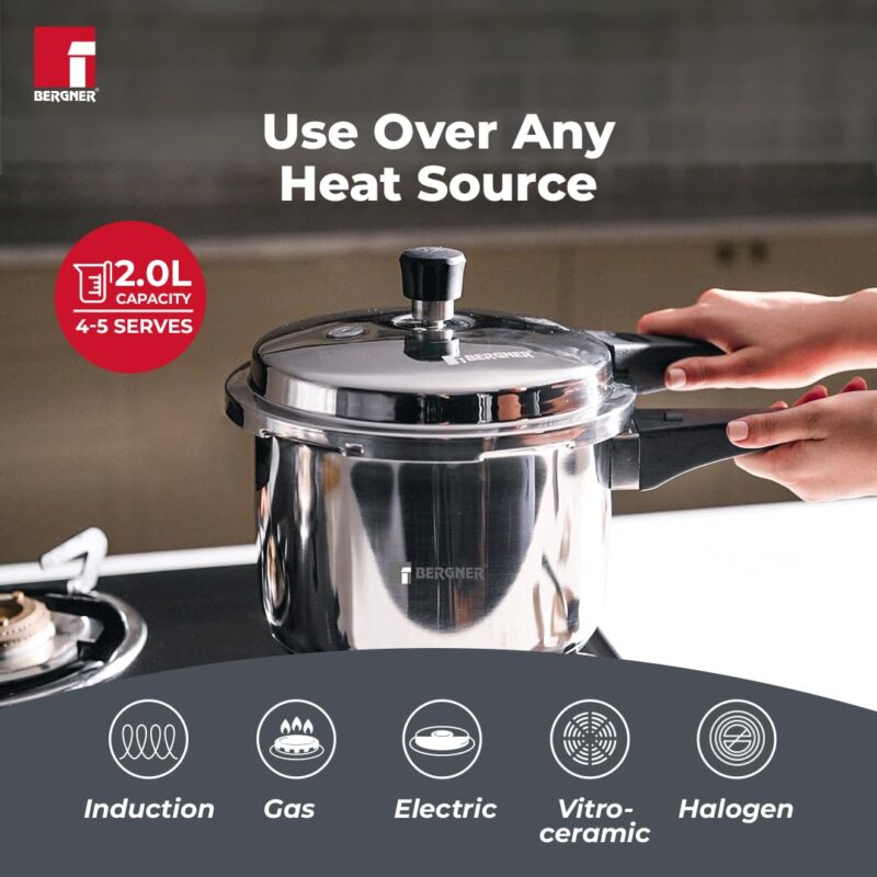 Bergner Sorrento Stainless Steel 2 Litres Outer Lid Pressure Cooker, 2 L Cooker with Outer Lid and Triply Base, Heavy Bottom, Easy Open and Close, Healthy Cooking, Induction Bottom and Gas Stove Ready - Image 8