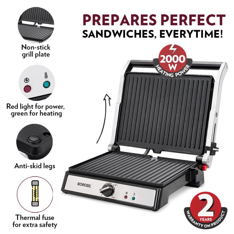 Borosil Super Jumbo Grill Sandwich Maker | Can Make 4 Sandwich At a Time | 2000W Electric Toaster Maker | Non-Stick Coating Plates Opens to 180°, BPA & PTFE Free | Power Indicators | 2 Year Warranty - Image 6