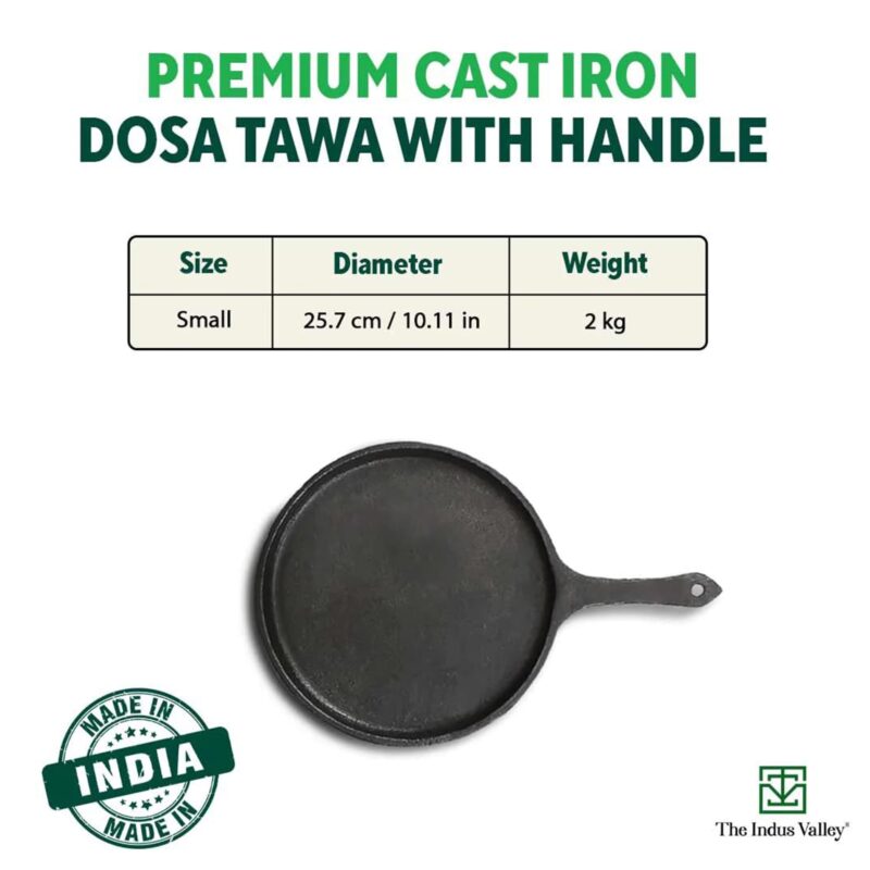 The Indus Valley Pre-Seasoned Cast Iron Tawa with Free Wooden Spatula for Dosa/Chapathi | 25.7cm/10.3 inch, 2kg | Induction Friendly | Naturally Nonstick, 100% Pure & Toxin-Free, No Chemical Coating - Image 9