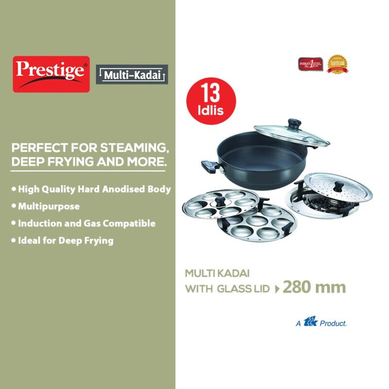 Prestige Hard Anodised Multi Kadhai | 28 cm | Black | Induction Base | Multi-Purpose Accesories - Idli Stand, Dhokla Stand and Steamer | Round Bottom | Durable Handles - Image 5