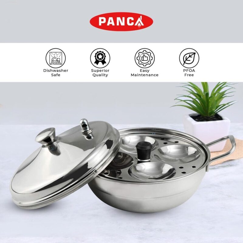 PANCA Stainless Steel Multi Purpose Kadai with Steel Lid, Idli Maker 2 Idli Plate 8 Cavity Idli Cooker Stainless Steel Idly Pot with Steamer - Image 3