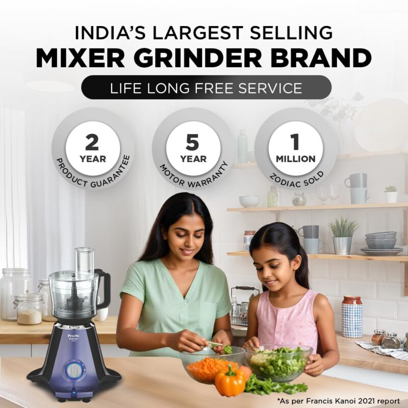 Preethi Zodiac Glitter MG 264, 750 Watt Mixer Grinder, 5 Jars (3 Stainless steel Jars +1 Juicer Jar+1 Master Chef Plus Food processor Jar), Lavender/Black - Image 3