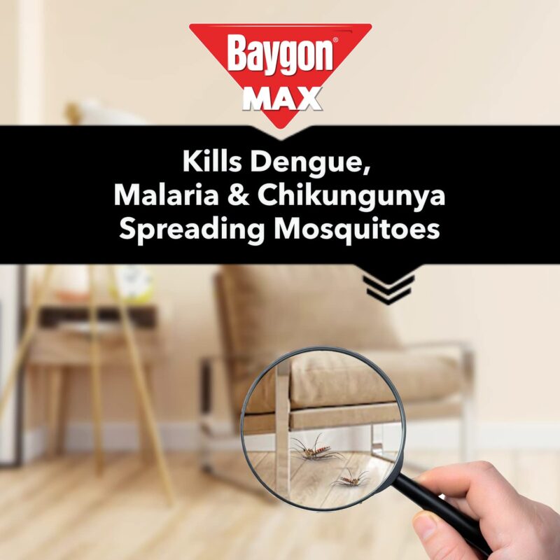 Baygon Max Mosquito and Fly Killer Spray, 625ml | Lime Fragrance | Instant Mosquito Repellent | Kills Dengue & Malaria Spreading Mosquitoes | With Double Nozzle Technology for 30% Wider Coverage - Image 6
