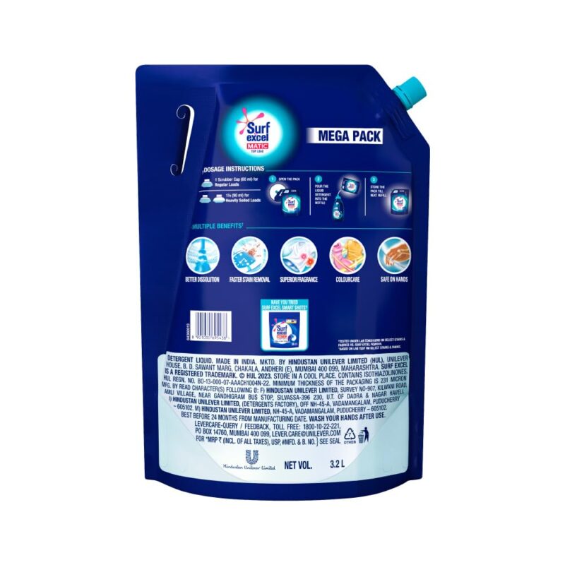 Surf Excel Matic Top Load Liquid Detergent 3.2 L Refill, Designed for Tough Stain Removal on Laundry in Washing Machines - Mega Pack (Package may differ) - Image 6