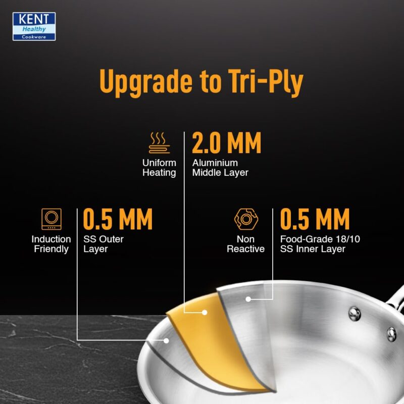 KENT Triply Frying Pan 22 CM with SS Lid 1.2 L | Cool-Touch Diecast Handle | Induction Friendly | Dishwasher Safe (Stainless Steel;Aluminium) - Image 6