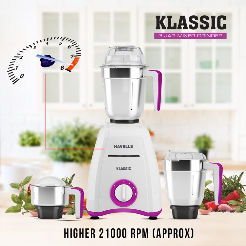 Havells Klassic 750 watts 3 Jar Mixer Grinder with 304 SS Blades, Large Size SS Jars, Break Resistant Polycarbonate Transparent Jar Lids With Twist & Lock Mechanism - Image 7