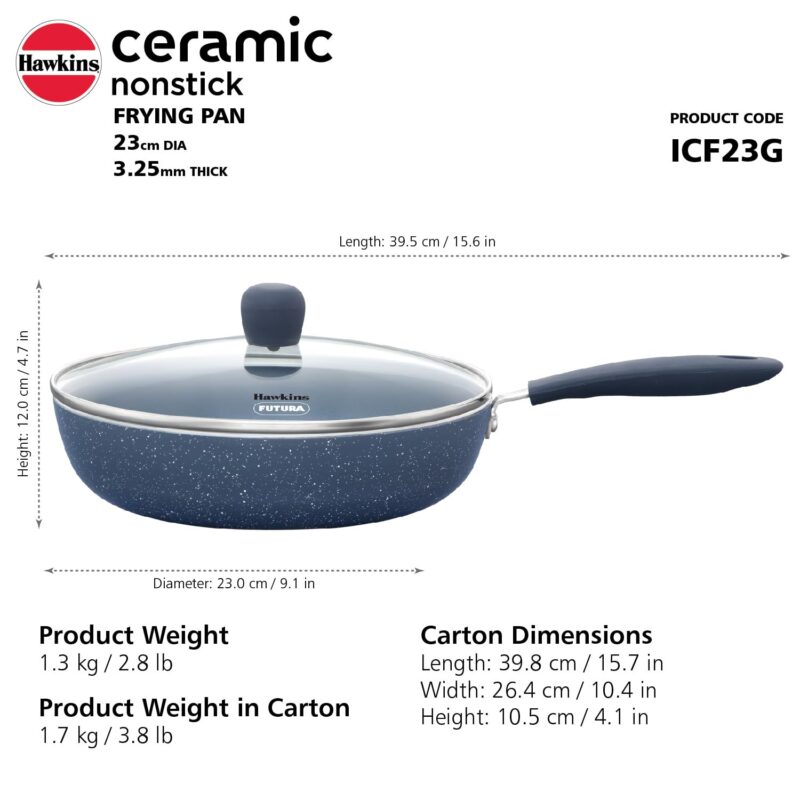 Hawkins Ceramic Nonstick Frying Pan, 24 cm Diameter, Induction Fry Pan with Glass Lid, Granite Omlette Egg Pan, Fish Pan, Blue (ICF24G) - Image 4