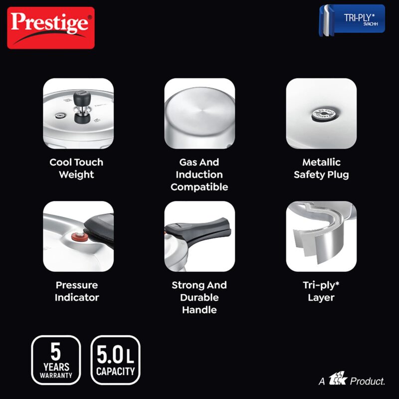 Prestige Stainless Steel Svachh Tri-Ply Handi Pressure Cooker 5 Litre, 5 Liter,Silver - Image 6