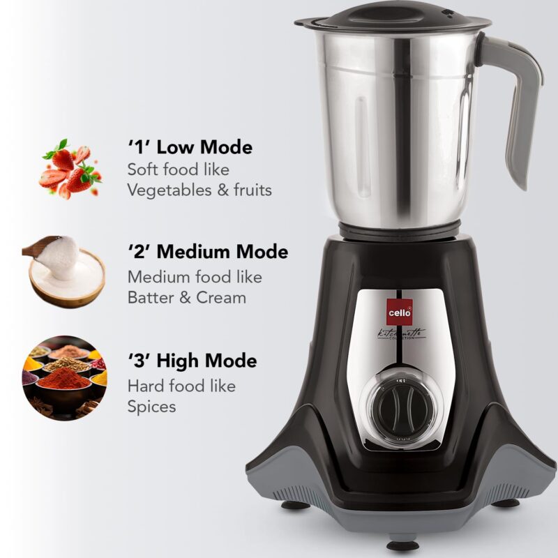 Cello Hercules Mixer Grinder 750W, Black- 2 Year Warranty (Wet Jar with Lid- 1.2 L; Dry Jar with Lid- 1L; Chutney Jar with Lid- 500ml; Juicer Jar Capacity- 1500ml; Spatula) - Image 6