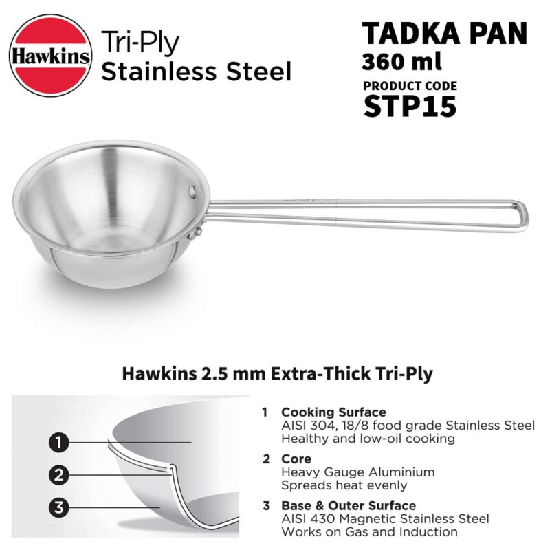 Hawkins 1.5 Cup Tadka Pan, 360 ml Triply Stainless Steel Pan, Induction Pan, Silver (STP15) - Image 7