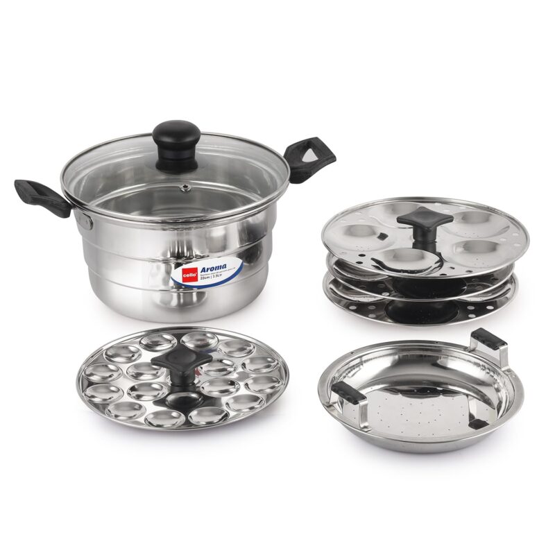 Cello Aroma Stainless Steel Idli Pot with Glass Lid with Multiple Plates 22cm, Silver, 3.5 liter | Compatible With Gas Stove & Induction | Ideal For Dhokla, Patra, Idli, and Momos - Image 7