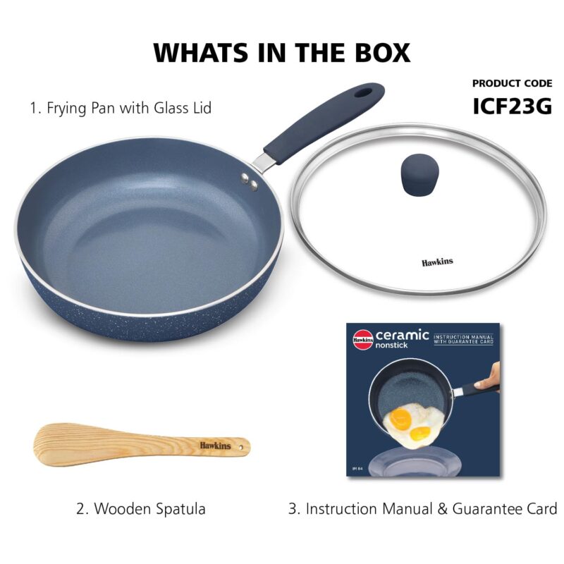 Hawkins Ceramic Nonstick Frying Pan, 24 cm Diameter, Induction Fry Pan with Glass Lid, Granite Omlette Egg Pan, Fish Pan, Blue (ICF24G) - Image 2