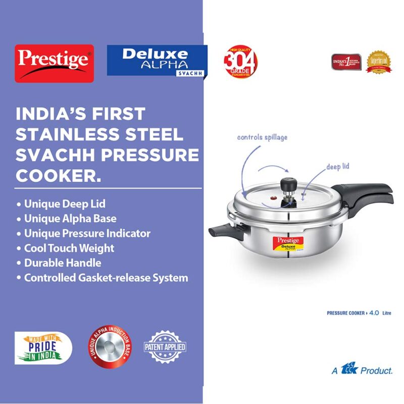 Prestige 4L Svachh Deluxe Alpha Senior Pressure Pan stainless steel|Outer lid|Ideal for 4-6 persons|Deep lid for spillage control|Gas & induction compatible|Silver|10 years warranty - Image 6