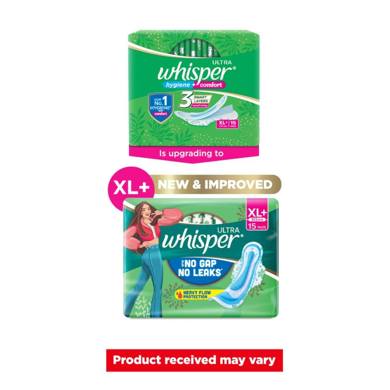 WHISPER ULTRA HYGIENE+COMFORT SANITARY PADS, 15 XL+ PADS, FOR HEAVY FLOW, LONG LASTING PROTECTION, LOCKS ODOUR & WETNESS, DRY TOP SHEET, DISPOSABLE WRAPPER - Image 9
