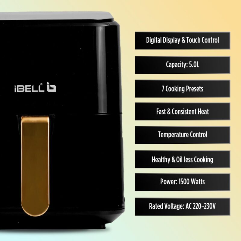 iBELL AF500M Air Fryer 5 L, Digital Fryer with 7 Cooking Presets, Full Touch Controls, Smart Rapid Air Technology, Timer Function with Auto off & Fully Adjustable Temperature Settings (Black) - Image 5