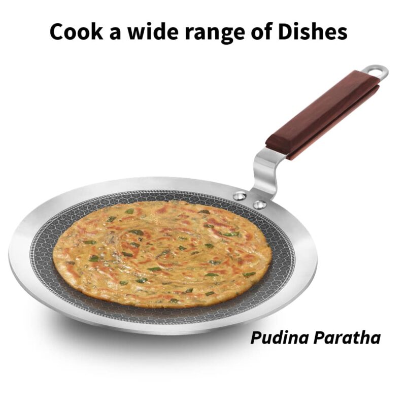 Hawkins 26 cm Paratha Tava, Triply Stainless Steel Shielded Nonstick Tawa with Rosewood Handle, Honeycomb Non Stick Induction Tawa, Silver (NSPT26) - Image 4