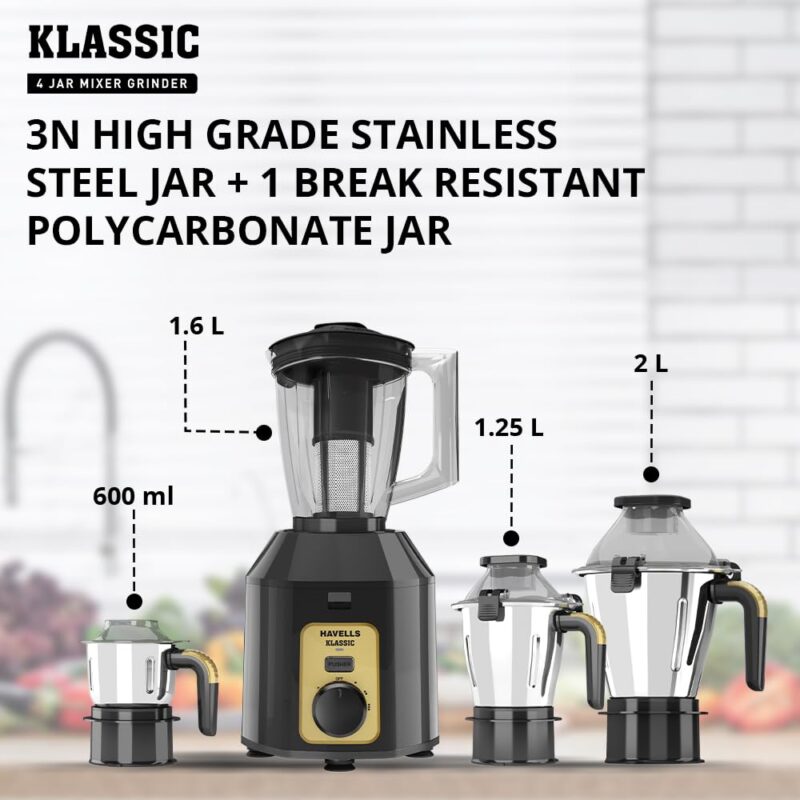 Havells Klassic 1000 watts 4 Jar Mixer Grinder I 2.5 Kg Double Ball Bearing Copper Motor I 22000 RPM I 100 Minutes Run Time I Metal Teeth Coupler & Jar Base I Polycarbonate Jar, Lids with Lock (Grey) - Image 4