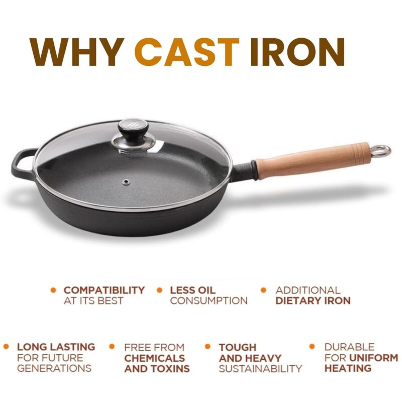 HomeEssentials Cast Iron Frypan - Skillet Pan for Frying/Natural Non Stick Pan/Induction & Gas Base/Pre Seasoned, 100% Toxin Free, Naturally Long Lasting (22cm with Lid) - Image 4