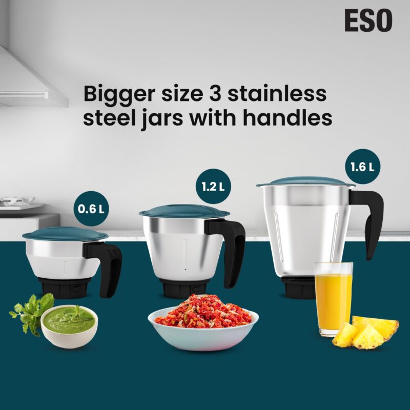 Havells ESO 750 Watts 3 Jar Mixer Grinder | Rust Resistant 304SS Blade | High Speed Mixie 21000 RPM motor| Heavy and Wider mouth SS Jars with Handle| 5 Year Motor Manufacturer Warranty (Teal) - Image 5