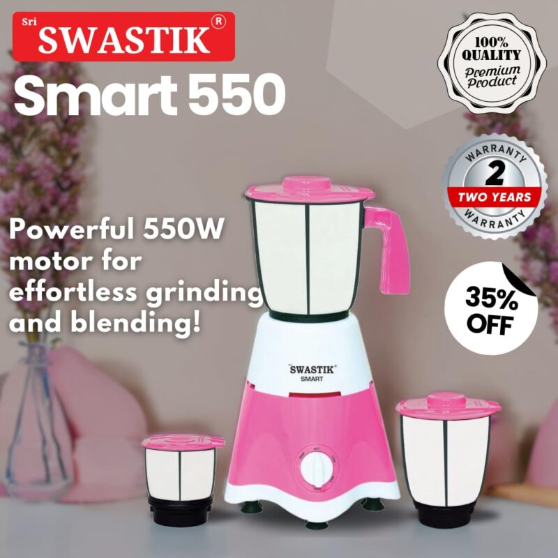 Sri Swastik Smart 550 Mixer Grinder - 550W Heavy-Duty Motor, 3 Stainless Steel Jars, Pink - Image 5