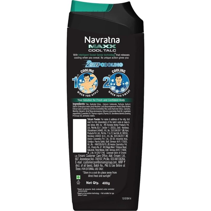 Navratna Maxx Cool Talc | Talcum Powder | Body Odour Protection & Strong Cooling Effect | Long Lasting Freshness & Fragrance, 400gm - Image 2