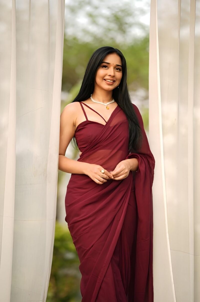 Stylescope Women's Plain Georgette Ready To Wear One Minute Saree With Unstitched Blouse Piece (Kalki Maroon_Maroon_Free Size) - Image 5