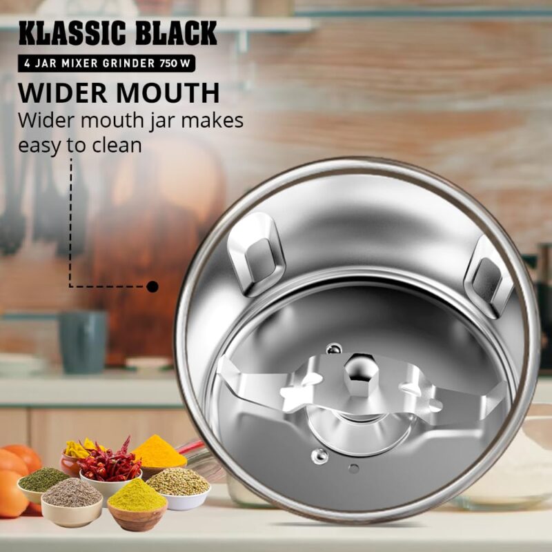 Havells Klassic 750 Watt 4 Jar Mixer Grinder, 21000 RPM Heavy Duty Universal Motor, 304 SS Blades, Large Size Break Resistant JarLids With Twist & Lock Mechanism- Black - Image 4