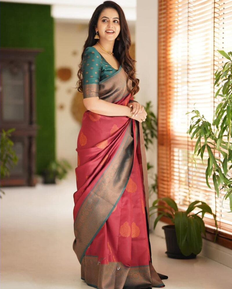 SGF11 Women's Kanjivaram Soft Lichi Silk Saree With Blouse Piece (Maroon) - Image 3