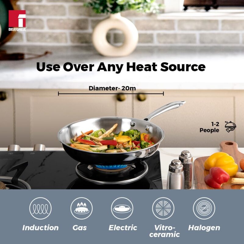 BERGNER Argent TriPly 20 cm Frypan/Steel Pan, Scratch Resistant, for Spice Tempering/Seasoning, Stay Cool Long Handle, Mirror Finish, Induction Ready, 5-Year Warranty by Bergner - Image 12
