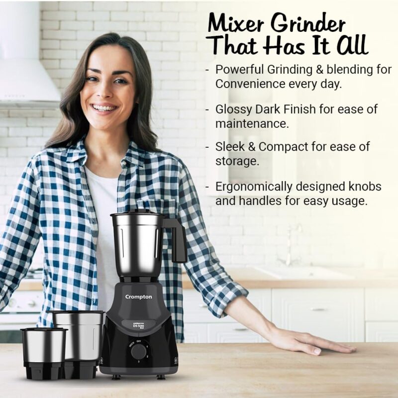 Crompton DS 500 BLK 500-Watt Mixer Grinder with Powertron Motor & Motor Vent-X Technology (3 Stainless Steel Jars, Black & Grey) - Image 3