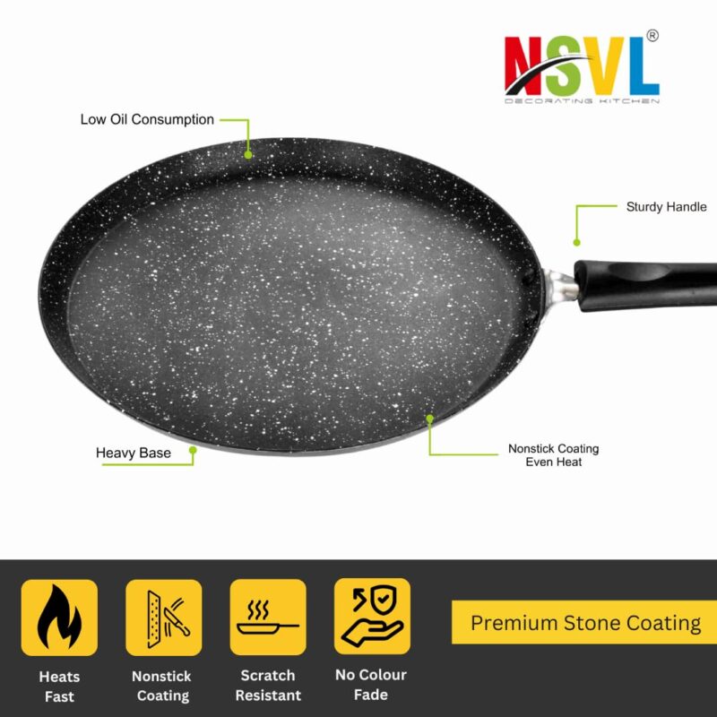 Nsvl Aluminium Non-Stick Dosa Tawa with Handle| Granite Finish | Pfoa Free | High Temperature Resistant Exterior Coating | 25 Cm | Black (DOSA TAWA Premium) - Image 3