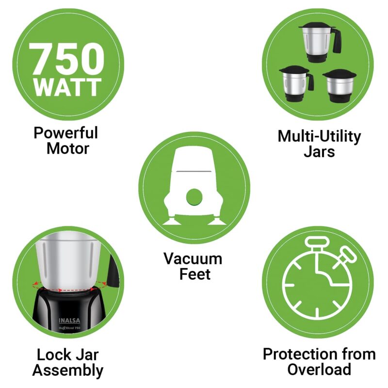 INALSA Mixer Grinder 750Watt- MaxxBlend 750 with 3 Stainless Steel Jars (For Dry Grinding, Wet Grinding, Chutneys, (Black/Grey) - Image 8